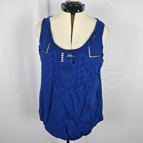 DKNY Tank Top Women's XL Blue Sleeveless Wide Straps Embordered Aztec - Picture 1 of 16